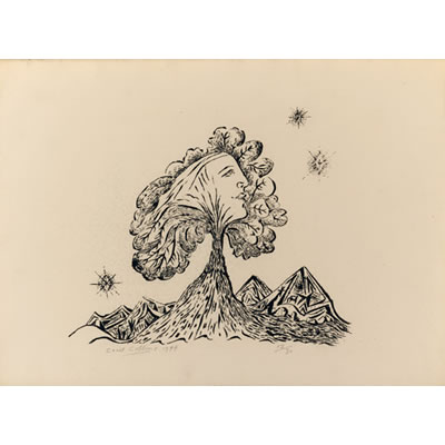 Tree and Hills 1944 - Roneo Print
