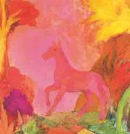 Pink landscape with horse, painting by Ken Kiff
