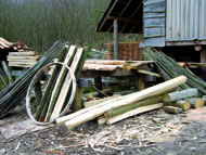 Steam bent yurt hoop and other woodland produce at Prickly Nut Wood. Photograph: courtesy Ben Law