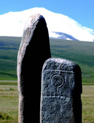 Two ancient Scythian standing stones dated III millennia B.C. still considered by modern Altaians as burial mounds of ancestors  Photograph: © FSDA/Chagat Almashev, 2009