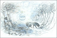 Wolfish Dog in a Winter Landscape. Illustration: Truda Lane