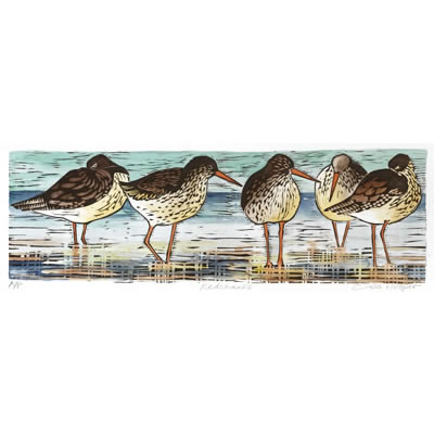 Redshanks, hand coloured woodcut by Lisa Hooper