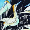 A Company of Gannets, hand coloured linocut by Lisa Hooper