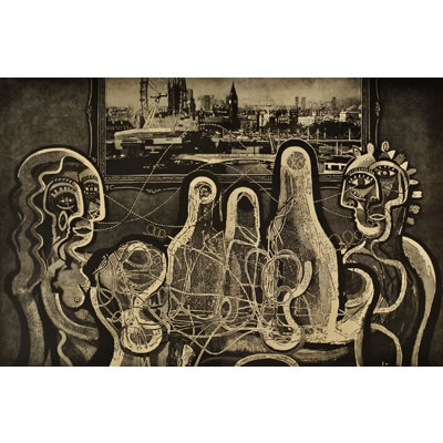 Contemporary couple and their love of London. Engraved and drypoint relief print (72x108cm)