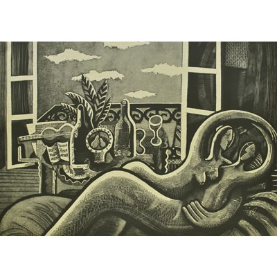 Bottles, pears and the lovers. Engraved and drypoint relief print (45x63cm)