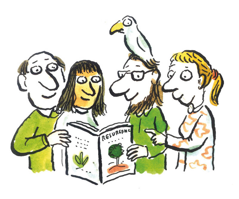 Cartoon of four people reading an issue of Resurgence magazine